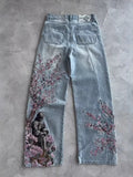 Heavy Industry Flower Embroidered Jeans Men And Women's Y2k High Street Fashion Street Straight Trousers 68HZ