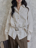 High Sense Of Waistband Striped Shirt Female Design Small Long Sleeve Retro Pile Design Thin Top