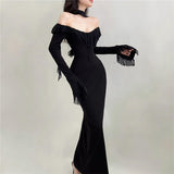 Women's Clothing 2025 Autumn And Winter New Sexy Long-Sleeved Word-Collar High-Waisted Hip Dress 68HZ