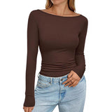2025 Autumn And Winter Boat Collar Ribs Jersey Folding Body Out Of The Coat Leisure Basic T-Shirt