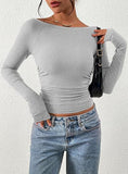 Women's Long Sleeve 2025 Autumn Word Collar Basic T-Shirt Casual Rib Knitted Corrugated Tribs