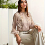 New Elegant Solid-Colored Yarn Long-Sleeved Bubble Sleeve Collar Collar Collar Women's Lace Shirt