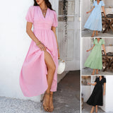 Dili 2025 Spring/Summer Leisure Commuting Holiday Wind V. Collar High-Waist Short-Sleeved Open-Fork Dress Woman