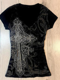 Vintage Black Tie-Dye Print T-Shirt With Thin Vintage Design V-Neck Short-Sleeved Punk Top 68HZ