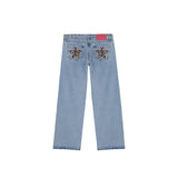 Leopard Print Five-Pointed Star Deconstruction Jeans Women Y2k High Street Design Rivet Straight Trousers 68HZ