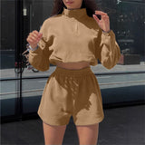 Spring And Autumn Women's Long-Sleeved Half-Necked Zippered Zip-And-Wear Shorts Two-Set Casual Ladies Suit 68HZ
