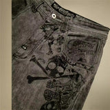 New Retro Gray Skull-Print Jeans Women Y2k Water Wash Old Straight Broad Leg Pants 68HZ