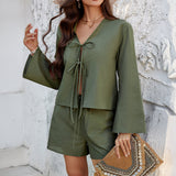 Dili 2025 Spring/Summer Leisure Holiday Wind Solid Colored Cardigan Shirt Shorts Suit Women's Suit