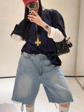 Vintage Hot Diamond Full Of Star-Scrying Denim Five-Point Trousers Women's Summer Niche Design Wide-Legged Trousers 68HZ