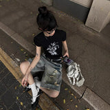 High Street Design Grinds Hole Straight Five-Point Jeans Women Y2K New Hip Hop Trousers 68HZ