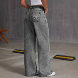 Butterfly Embroidered Jeans Women's Y2K High Street Low-Rise Straight Pants 68HZ