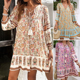 Dili 2025 Spring/Summer Leisure Bohemian Holiday People Cotton Print V-Neck Dress Dress Women's Clothing