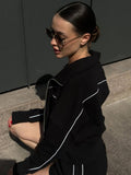 Casual Set Long Sleeve Zipper Collar Top Loose Shorts Striped Two-Piece Set 68HZ