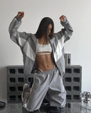 Women's Casual Sets Fashionable Long Sleeve Zippered Rippered T-Shirt Trom Sweatsuit 68HZ