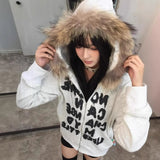 Vintage Letter Print Collar Hoodie Women Y2k Thick Silver Fist Velvet Jacket Set Loose Open Shirt 68HZ