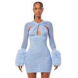 2025 New Autumn And Winter Women's Sexy Mesh Cross Hollow Long-Sleeved Plush Cuffed Bag Dress