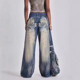 Trendy Retro Winged Jeans Women Y2K Street Hottie Low-Rise Loose Straight 68HZ
