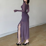 2025 Autumn New Women's Clothing Pure Color Repair Height Waist Fashion Collar Long Sleeve Mesh Dress 68HZ