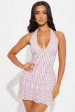 New Modern Print Hanging Neck Repair Sexy Wave Point Waist Lace-Buffed Short Dress Dress Dress Woman