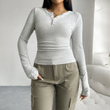 Dili 2025 Autumn And Winter Top Women's Y2K Temperament V-Neck Button Long-Sleeved T-Shirt