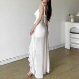 2025 Summer New Women's Pure Color Repair Height Waist Fashion V Tie Strap Bare Back Dress 68HZ