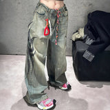 Trendy Print Jeans Women's High Street Hottie Design Wide Leg Pants Casual Drag Trousers 68HZ