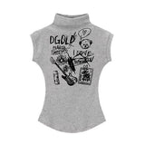 Vintage Chic Unique Babes Shoulderless Half-Necked T-Shirt Girls Summer Waist Thin Print Top 68HZ