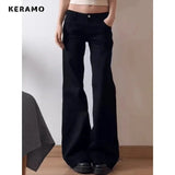Y2k Low-Rise Black Micro-Tipped Jeans Women Water Wash Retro Hottie Repair Drag Long Pants 68HZ