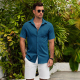 Summer New Men's Shirt Short Sleeve Thicken Elastic Wrinkled Loose Casual Cardigan Men's Top