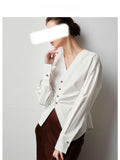 New Spring/Summer French White V-Neck Shirt Women Irregular Small And Unironed White Shirts