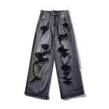 Black High Street Ripped Jeans Women Y2k Harajuku Feng Shue Wash Old Wide-Legged Straight Pants 68HZ