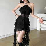 2025 Autumn And Winter New Women's Pure Color Repair Height Waist Street Fashion Hanging Neck-Laught Dress 68HZ