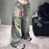 Trendy Print Jeans Women's High Street Hottie Design Wide Leg Pants Casual Drag Trousers 68HZ