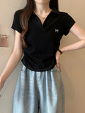 Rolling Polo Collar V-Neck Shoulder Short-Sleeved T-Shirt Girl 2025 Summer New Slim Short Solid Color Coat Tide