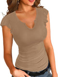 2025 Summer New Solid Color V-Necked Leaf Sleeve Short-Sleeved Lady Top