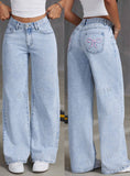 Butterfly Embroidered Jeans Women's Y2K High Street Low-Rise Straight Pants 68HZ