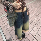 Vintage Large-Size Water Wash To Make Old Lace Splicing Denim Seven-Point Trousers Female Street Hottie Loose Legs Pants Tide 68HZ