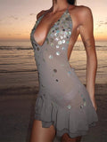-- 2025 New Summer Hanging Neck Glide V Dress With Coat Dress Sanya Tourist Seaside Resort Wind