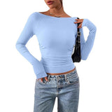 Women's Long Sleeve 2025 Autumn Word Collar Basic T-Shirt Casual Rib Knitted Corrugated Tribs