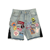 Trendy Print Denim Shorts Men's High Street Design Straight Five-Point Pants Loose Trousers 68HZ