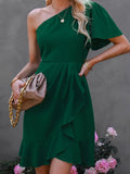 Dress 2025 Spring Solid Color Unilateral Sleeves And Shoulder Side Solid Color High-Waisted Oblique Shoulder Mid-Slope Shoulder Skirt
