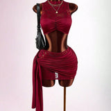 New Solid Color Body Sexy Hot Lace Hollow Sleeveless Short Top Coat Ass Skirt Suit Woman