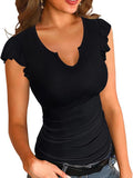 2025 Summer New Solid Color V-Necked Leaf Sleeve Short-Sleeved Lady Top