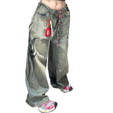 Trendy Print Jeans Women's High Street Hottie Design Wide Leg Pants Casual Drag Trousers 68HZ