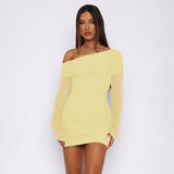 New Autumn Hot Slanted Shoulder Net Folded Long-Sleeved Dress Body Slimy Sexy Bag-Butty Dress Girl