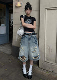 High Street Design Grinds Hole Straight Five-Point Jeans Women Y2K New Hip Hop Trousers 68HZ