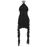 2025 Autumn And Winter New Women's Pure Color Repair Height Waist Street Fashion Hanging Neck-Laught Dress 68HZ