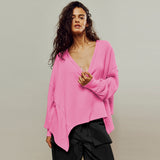 V-Necked Fashion Casual Waffling Shoulder Sleeves Sweater Movement Languid Autumn And Winter Top