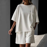2025 Casual Ladies Summer Suit Solid Color Round Neck Short Sleeves Tight Sports Shorts Two-Piece Set Of Women 68HZ