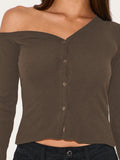 Autumn 2025 Hot Women's Slanted Shoulder Long-Sleeved Button Knitted T-Shirt Y2K Hot Girl Style Repair Body